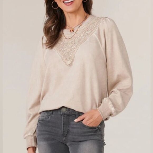 Democracy Long Blouson Puff Shoulder Crew Neck Lace Applique Sweatshirt Beige XL - Picture 2 of 7
